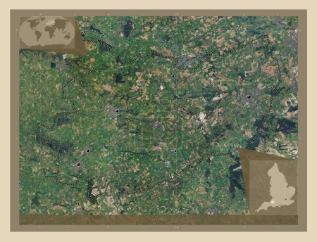 Foto de Mendip, distrito no metropolitano de Inglaterra Gran Bretaña. Mapa satelital de alta resolución. Ubicaciones de las principales ciudades de la región. Mapas de ubicación auxiliares de esquina - Imagen libre de derechos