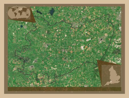 Foto de Mendip, distrito no metropolitano de Inglaterra Gran Bretaña. Mapa satelital de baja resolución. Ubicaciones de las principales ciudades de la región. Mapas de ubicación auxiliares de esquina - Imagen libre de derechos