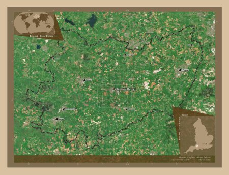 Foto de Mendip, distrito no metropolitano de Inglaterra Gran Bretaña. Mapa satelital de baja resolución. Ubicaciones y nombres de las principales ciudades de la región. Mapas de ubicación auxiliares de esquina - Imagen libre de derechos