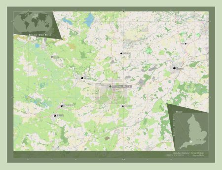 Foto de Mendip, distrito no metropolitano de Inglaterra Gran Bretaña. Open Street Map. Ubicaciones y nombres de las principales ciudades de la región. Mapas de ubicación auxiliares de esquina - Imagen libre de derechos