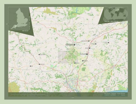 Foto de Mid Devon, distrito no metropolitano de Inglaterra Gran Bretaña. Open Street Map. Ubicaciones y nombres de las principales ciudades de la región. Mapas de ubicación auxiliares de esquina - Imagen libre de derechos
