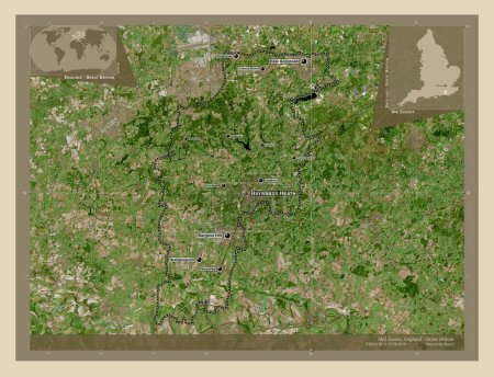 Foto de Mid Sussex, distrito no metropolitano de Inglaterra - Gran Bretaña. Mapa satelital de alta resolución. Ubicaciones y nombres de las principales ciudades de la región. Mapas de ubicación auxiliares de esquina - Imagen libre de derechos