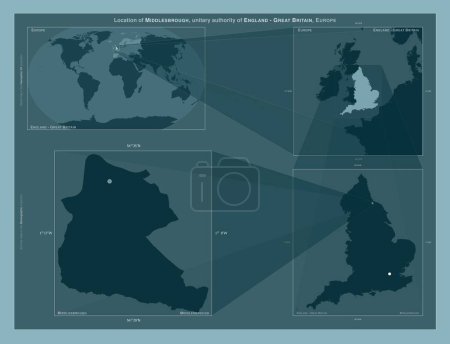 Foto de Middlesbrough, autoridad unitaria de Inglaterra Gran Bretaña. Diagrama que muestra la ubicación de la región en mapas a gran escala. Composición de marcos vectoriales y formas PNG sobre un fondo sólido - Imagen libre de derechos