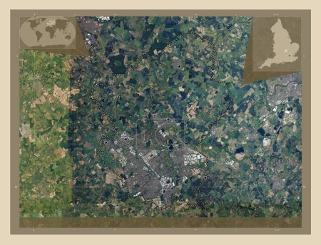 Foto de Milton Keynes, autoridad unitaria de Inglaterra Gran Bretaña. Mapa satelital de alta resolución. Ubicaciones de las principales ciudades de la región. Mapas de ubicación auxiliares de esquina - Imagen libre de derechos