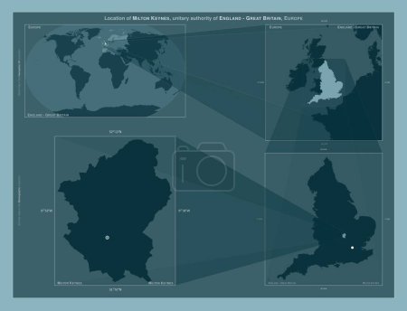 Foto de Milton Keynes, autoridad unitaria de Inglaterra Gran Bretaña. Diagrama que muestra la ubicación de la región en mapas a gran escala. Composición de marcos vectoriales y formas PNG sobre un fondo sólido - Imagen libre de derechos