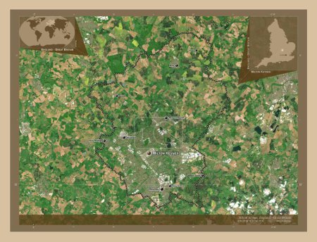 Foto de Milton Keynes, autoridad unitaria de Inglaterra Gran Bretaña. Mapa satelital de baja resolución. Ubicaciones y nombres de las principales ciudades de la región. Mapas de ubicación auxiliares de esquina - Imagen libre de derechos