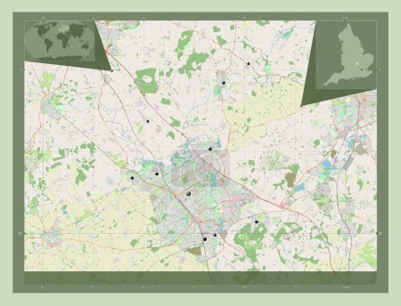 Foto de Milton Keynes, autoridad unitaria de Inglaterra Gran Bretaña. Open Street Map. Ubicaciones de las principales ciudades de la región. Mapas de ubicación auxiliares de esquina - Imagen libre de derechos