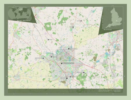 Foto de Milton Keynes, autoridad unitaria de Inglaterra Gran Bretaña. Open Street Map. Ubicaciones y nombres de las principales ciudades de la región. Mapas de ubicación auxiliares de esquina - Imagen libre de derechos