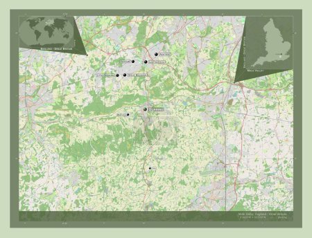 Foto de Mole Valley, distrito no metropolitano de Inglaterra Gran Bretaña. Open Street Map. Ubicaciones y nombres de las principales ciudades de la región. Mapas de ubicación auxiliares de esquina - Imagen libre de derechos