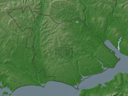 Foto de New Forest, distrito no metropolitano de Inglaterra - Gran Bretaña. Mapa de elevación coloreado en estilo wiki con lagos y ríos - Imagen libre de derechos