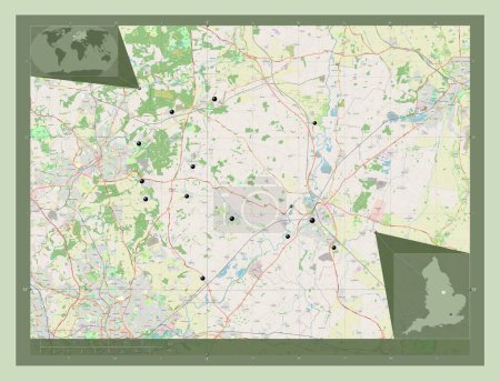 Foto de Newark y Sherwood, distrito no metropolitano de Inglaterra Gran Bretaña. Open Street Map. Ubicaciones de las principales ciudades de la región. Mapas de ubicación auxiliares de esquina - Imagen libre de derechos
