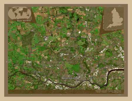 Téléchargez les photos : Newcastle upon Tyne, comté administratif d'Angleterre - Grande-Bretagne. Carte satellite basse résolution. Emplacements et noms des grandes villes de la région. Corner cartes de localisation auxiliaires - en image libre de droit