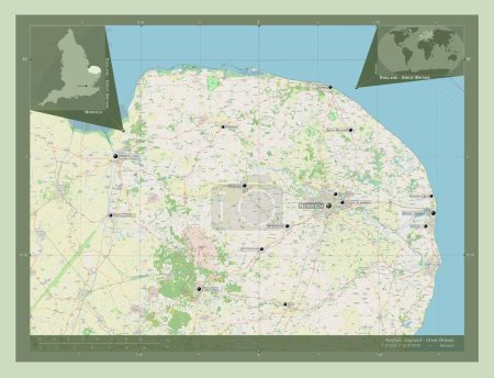 Téléchargez les photos : Norfolk, comté administratif d'Angleterre - Grande-Bretagne. Ouvrir la carte routière. Emplacements et noms des grandes villes de la région. Corner cartes de localisation auxiliaires - en image libre de droit