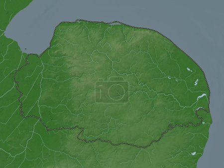 Norfolk, comté administratif d'Angleterre - Grande-Bretagne. Carte d'altitude colorée dans le style wiki avec des lacs et des rivières