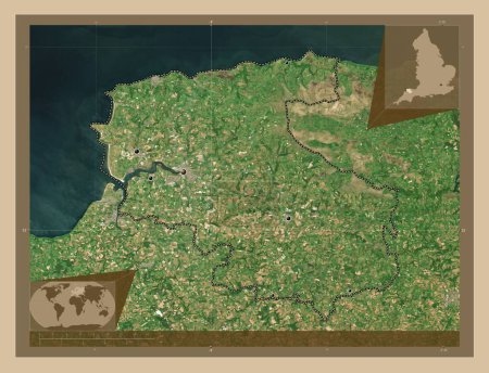 Photo for North Devon, non metropolitan district of England - Great Britain. Low resolution satellite map. Locations of major cities of the region. Corner auxiliary location maps - Royalty Free Image