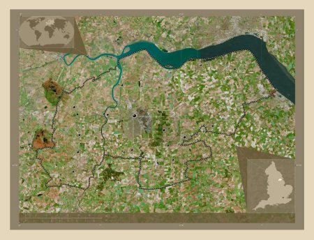 Foto de North Lincolnshire, autoridad unitaria de Inglaterra Gran Bretaña. Mapa satelital de alta resolución. Ubicaciones de las principales ciudades de la región. Mapas de ubicación auxiliares de esquina - Imagen libre de derechos