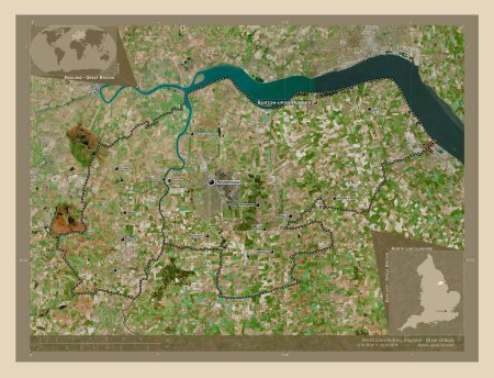 Foto de North Lincolnshire, autoridad unitaria de Inglaterra Gran Bretaña. Mapa satelital de alta resolución. Ubicaciones y nombres de las principales ciudades de la región. Mapas de ubicación auxiliares de esquina - Imagen libre de derechos