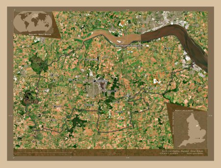 Foto de North Lincolnshire, autoridad unitaria de Inglaterra Gran Bretaña. Mapa satelital de baja resolución. Ubicaciones y nombres de las principales ciudades de la región. Mapas de ubicación auxiliares de esquina - Imagen libre de derechos