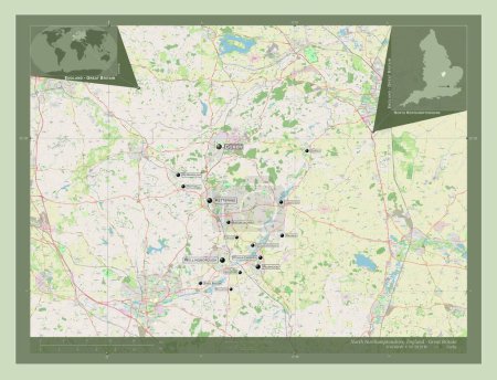 Foto de North Northamptonshire, autoridad unitaria de Inglaterra Gran Bretaña. Open Street Map. Ubicaciones y nombres de las principales ciudades de la región. Mapas de ubicación auxiliares de esquina - Imagen libre de derechos