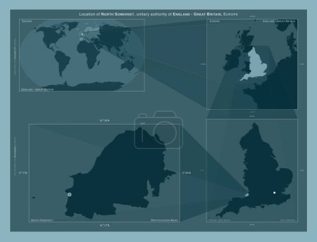 Foto de Somerset Norte, autoridad unitaria de Inglaterra Gran Bretaña. Diagrama que muestra la ubicación de la región en mapas a gran escala. Composición de marcos vectoriales y formas PNG sobre un fondo sólido - Imagen libre de derechos