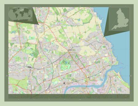 Téléchargez les photos : Tyneside du Nord, comté administratif d'Angleterre - Grande-Bretagne. Ouvrir la carte routière. Corner cartes de localisation auxiliaires - en image libre de droit
