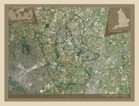 Foto de North Warwickshire, distrito no metropolitano de Inglaterra Gran Bretaña. Mapa satelital de alta resolución. Ubicaciones y nombres de las principales ciudades de la región. Mapas de ubicación auxiliares de esquina - Imagen libre de derechos