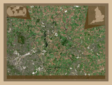 Foto de North Warwickshire, distrito no metropolitano de Inglaterra Gran Bretaña. Mapa satelital de baja resolución. Mapas de ubicación auxiliares de esquina - Imagen libre de derechos