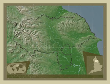 Téléchargez les photos : North Yorkshire, comté administratif d'Angleterre - Grande-Bretagne. Carte d'altitude colorée dans le style wiki avec des lacs et des rivières. Corner cartes de localisation auxiliaires - en image libre de droit