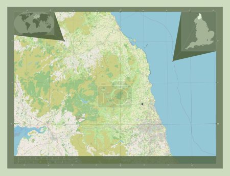 Téléchargez les photos : Northumberland, comté administratif d'Angleterre - Grande-Bretagne. Ouvrir la carte routière. Corner cartes de localisation auxiliaires - en image libre de droit