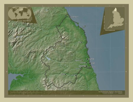 Photo for Northumberland, administrative county of England - Great Britain. Elevation map colored in wiki style with lakes and rivers. Locations and names of major cities of the region. Corner auxiliary location maps - Royalty Free Image