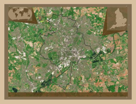 Foto de Ciudad de Nottingham, autoridad unitaria de Inglaterra Gran Bretaña. Mapa satelital de baja resolución. Ubicaciones de las principales ciudades de la región. Mapas de ubicación auxiliares de esquina - Imagen libre de derechos