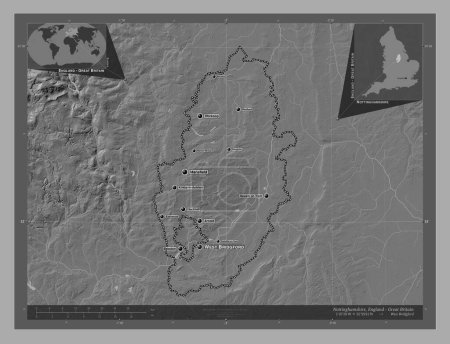 Téléchargez les photos : Nottinghamshire, comté administratif d'Angleterre - Grande-Bretagne. Carte d'altitude de Bilevel avec lacs et rivières. Emplacements et noms des grandes villes de la région. Corner cartes de localisation auxiliaires - en image libre de droit