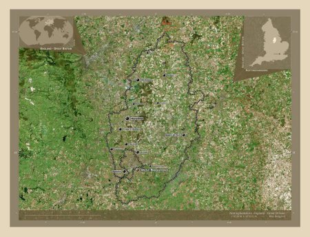 Foto de Nottinghamshire, condado administrativo de Inglaterra - Gran Bretaña. Mapa satelital de alta resolución. Ubicaciones y nombres de las principales ciudades de la región. Mapas de ubicación auxiliares de esquina - Imagen libre de derechos