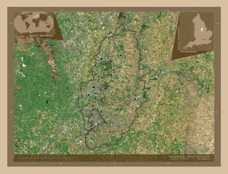 Foto de Nottinghamshire, condado administrativo de Inglaterra - Gran Bretaña. Mapa satelital de baja resolución. Ubicaciones y nombres de las principales ciudades de la región. Mapas de ubicación auxiliares de esquina - Imagen libre de derechos