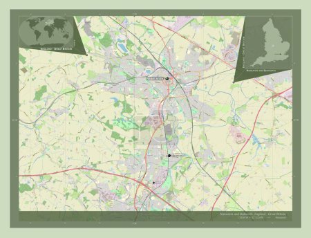 Foto de Nuneaton y Bedworth, distrito no metropolitano de Inglaterra Gran Bretaña. Open Street Map. Ubicaciones y nombres de las principales ciudades de la región. Mapas de ubicación auxiliares de esquina - Imagen libre de derechos