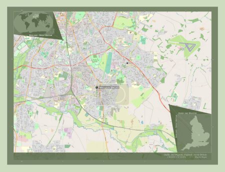 Foto de Oadby y Wigston, distrito no metropolitano de Inglaterra Gran Bretaña. Open Street Map. Ubicaciones y nombres de las principales ciudades de la región. Mapas de ubicación auxiliares de esquina - Imagen libre de derechos