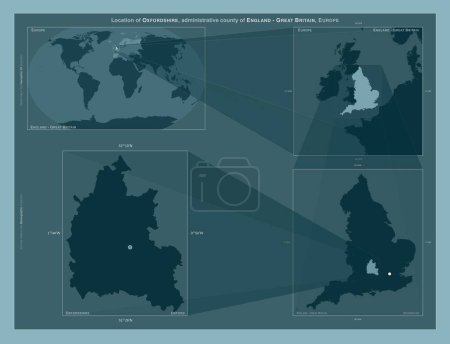 Foto de Oxfordshire, condado administrativo de Inglaterra - Gran Bretaña. Diagrama que muestra la ubicación de la región en mapas a gran escala. Composición de marcos vectoriales y formas PNG sobre un fondo sólido - Imagen libre de derechos