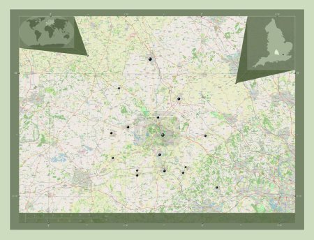 Téléchargez les photos : Oxfordshire, comté administratif d'Angleterre - Grande-Bretagne. Ouvrir la carte routière. Emplacements des grandes villes de la région. Corner cartes de localisation auxiliaires - en image libre de droit