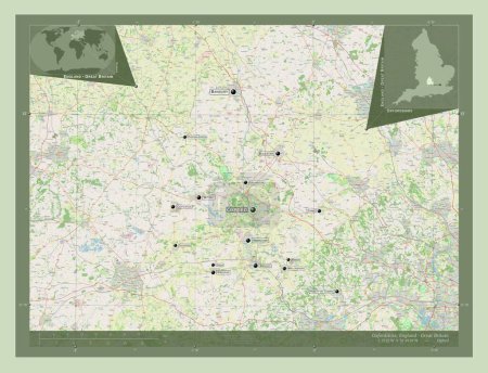 Foto de Oxfordshire, condado administrativo de Inglaterra - Gran Bretaña. Open Street Map. Ubicaciones y nombres de las principales ciudades de la región. Mapas de ubicación auxiliares de esquina - Imagen libre de derechos
