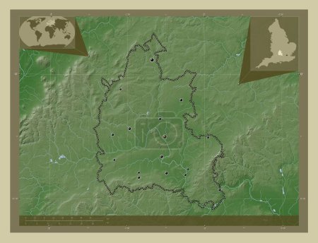 Téléchargez les photos : Oxfordshire, comté administratif d'Angleterre - Grande-Bretagne. Carte d'altitude colorée dans le style wiki avec des lacs et des rivières. Emplacements des grandes villes de la région. Corner cartes de localisation auxiliaires - en image libre de droit