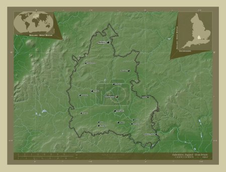 Foto de Oxfordshire, condado administrativo de Inglaterra - Gran Bretaña. Mapa de elevación coloreado en estilo wiki con lagos y ríos. Ubicaciones y nombres de las principales ciudades de la región. Mapas de ubicación auxiliares de esquina - Imagen libre de derechos