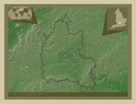 Téléchargez les photos : Oxfordshire, comté administratif d'Angleterre - Grande-Bretagne. Carte d'altitude colorée dans le style wiki avec des lacs et des rivières. Corner cartes de localisation auxiliaires - en image libre de droit