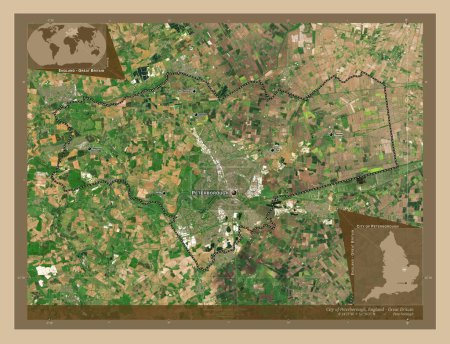 Foto de Ciudad de Peterborough, autoridad unitaria de Inglaterra Gran Bretaña. Mapa satelital de baja resolución. Ubicaciones y nombres de las principales ciudades de la región. Mapas de ubicación auxiliares de esquina - Imagen libre de derechos