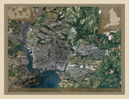 Foto de Plymouth, autoridad unitaria de Inglaterra Gran Bretaña. Mapa satelital de alta resolución. Ubicaciones de las principales ciudades de la región. Mapas de ubicación auxiliares de esquina - Imagen libre de derechos