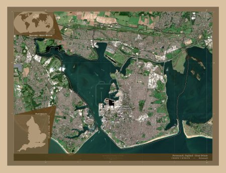 Photo for Portsmouth, unitary authority  of England - Great Britain. Low resolution satellite map. Locations and names of major cities of the region. Corner auxiliary location maps - Royalty Free Image