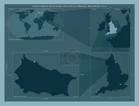 Foto de Redcar y Cleveland, autoridad unitaria de Inglaterra Gran Bretaña. Diagrama que muestra la ubicación de la región en mapas a gran escala. Composición de marcos vectoriales y formas PNG sobre un fondo sólido - Imagen libre de derechos
