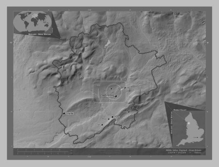 Photo for Ribble Valley, non metropolitan district of England - Great Britain. Grayscale elevation map with lakes and rivers. Locations and names of major cities of the region. Corner auxiliary location maps - Royalty Free Image