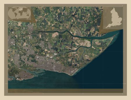 Photo for Rochford, non metropolitan district of England - Great Britain. High resolution satellite map. Locations of major cities of the region. Corner auxiliary location maps - Royalty Free Image