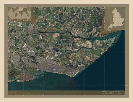 Photo for Rochford, non metropolitan district of England - Great Britain. High resolution satellite map. Locations and names of major cities of the region. Corner auxiliary location maps - Royalty Free Image