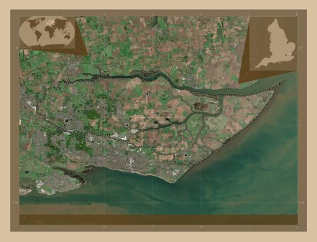 Photo for Rochford, non metropolitan district of England - Great Britain. Low resolution satellite map. Locations of major cities of the region. Corner auxiliary location maps - Royalty Free Image